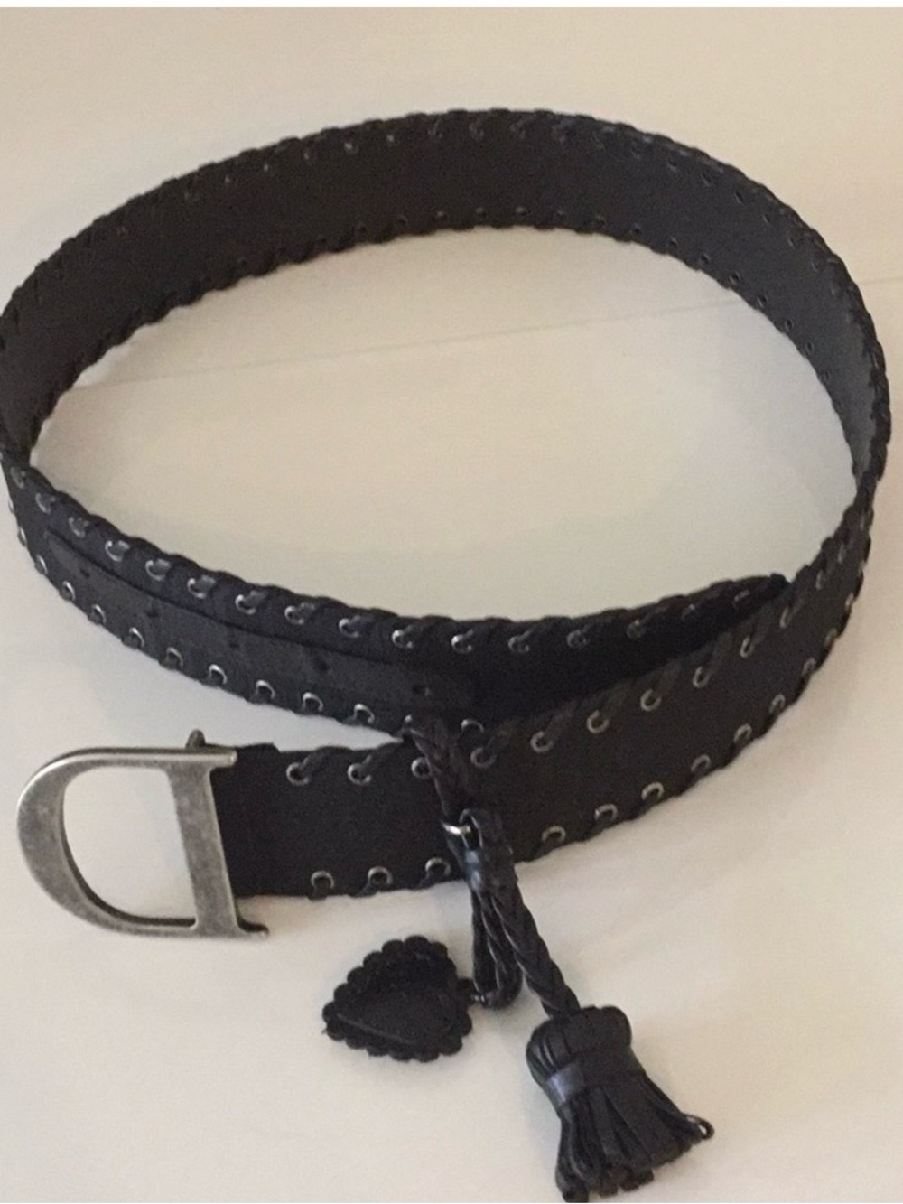 Dior Black Eyelet Leather Belt with Tassel & Heart Charm